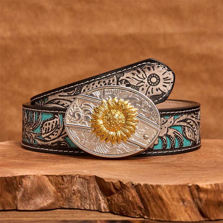 Cinturón de cuero con navaja plegable oculta con diseño de girasol dorado y plateado para hombre - image 9
