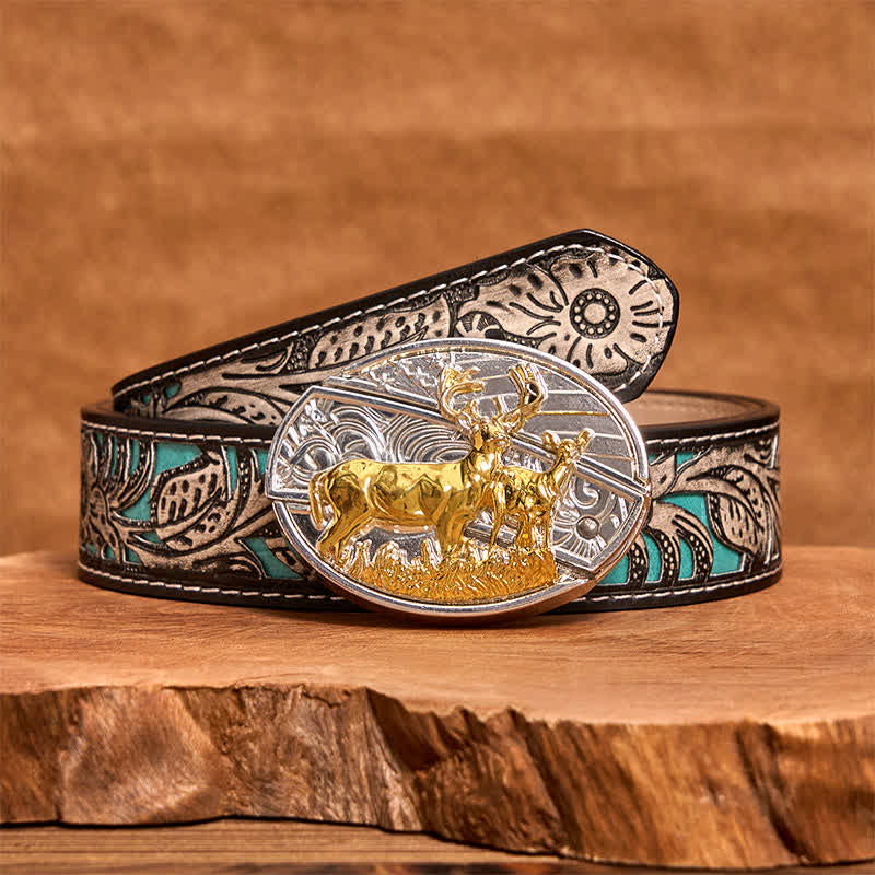 Cinturón de cuero con cuchillo plegable oculto con ciervos dorados y plateados para hombre - image 9
