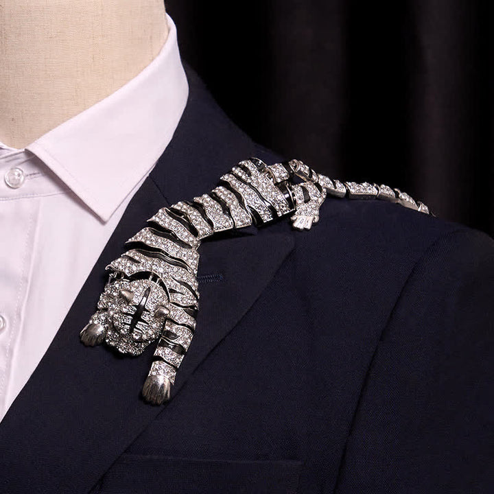 Broche grande de lujo con brillantes diamantes de imitación de tigre majestuoso para hombre - Plata - image 0