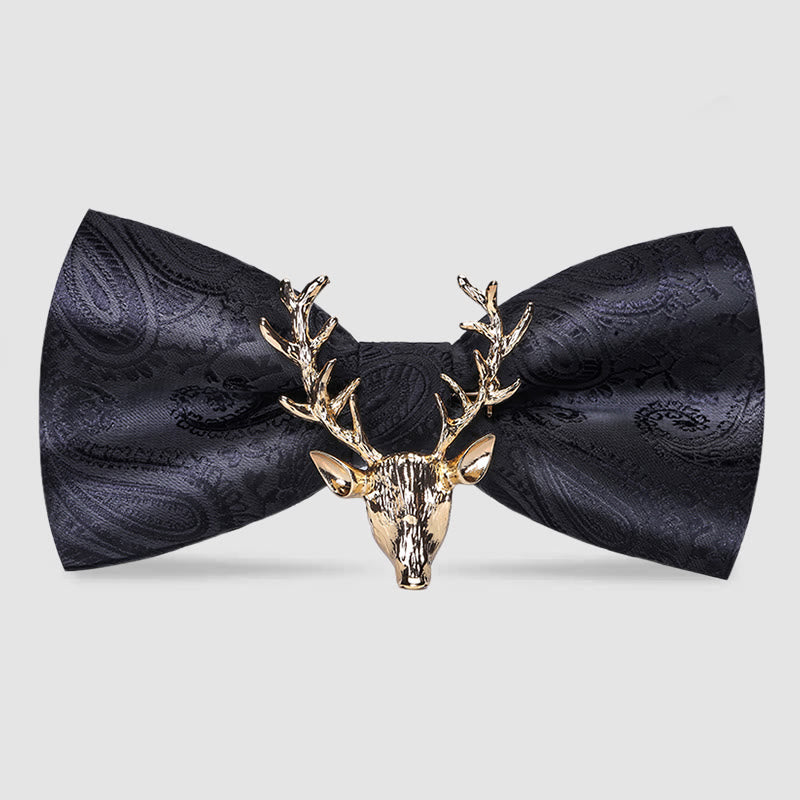 Pajarita con decoración de cabeza de alce navideña de cachemira para hombre - Negro y dorado - image 7