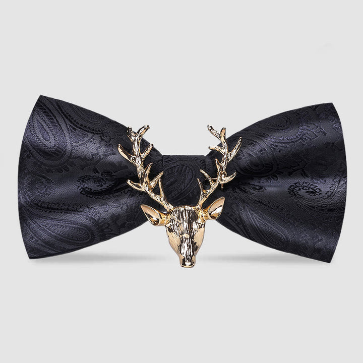 Pajarita con decoración de cabeza de alce navideña de cachemira para hombre - Negro y dorado - image 7