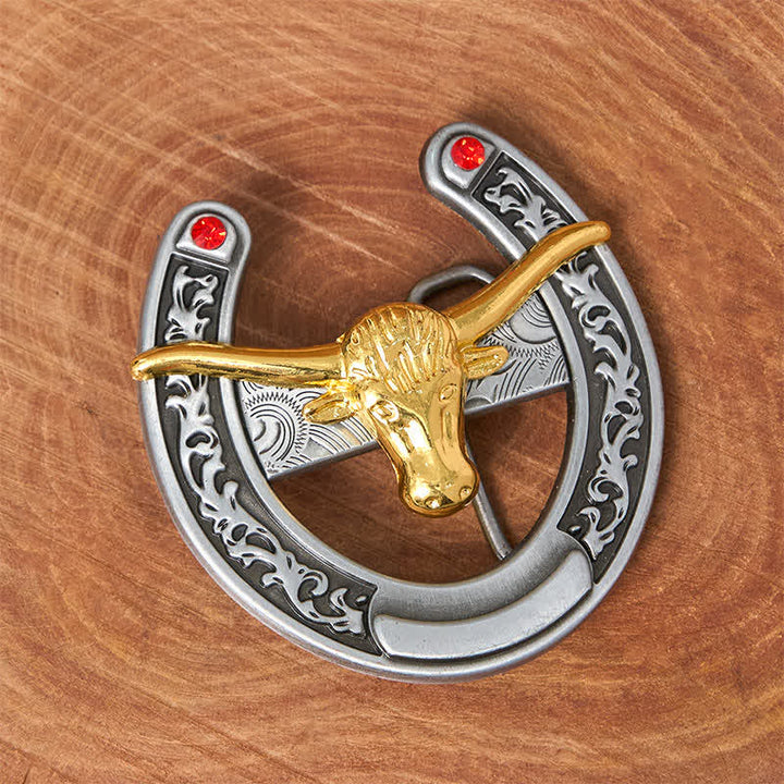 Cinturón de cuero con hebilla de herradura estilo western con cabeza de toro dorada - image 1