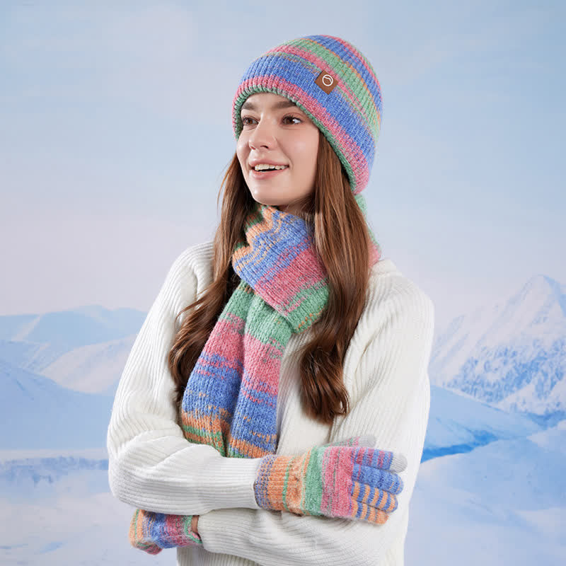 Conjunto de 3 guantes y gorro con rayas neutras multicolores - image 2