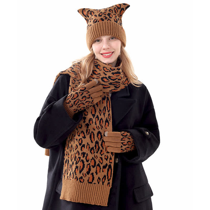 Conjunto de 3 guantes y bufanda con orejas de gato y estampado de leopardo - image 1