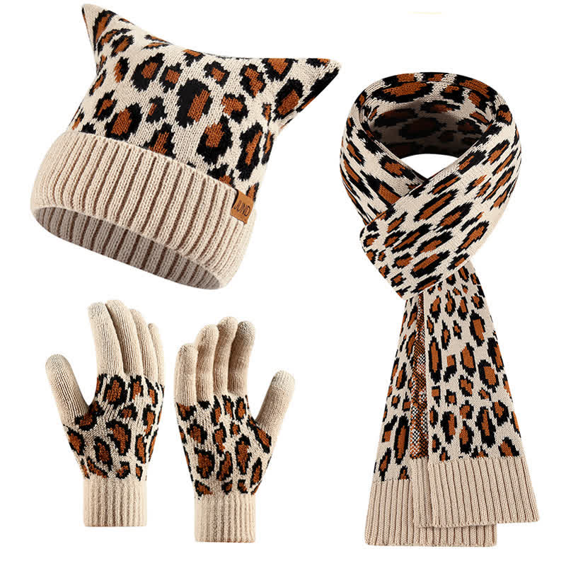 Conjunto de 3 guantes y bufanda con orejas de gato y estampado de leopardo - Beige - Ajustable (21 1/4"-22 7/8") - image 8