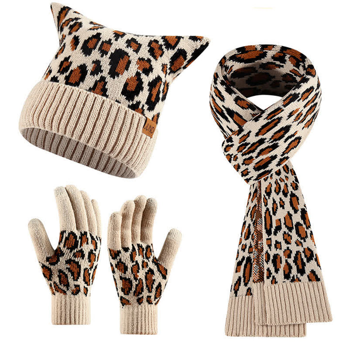 Conjunto de 3 guantes y bufanda con orejas de gato y estampado de leopardo - Beige - Ajustable (21 1/4"-22 7/8") - image 8