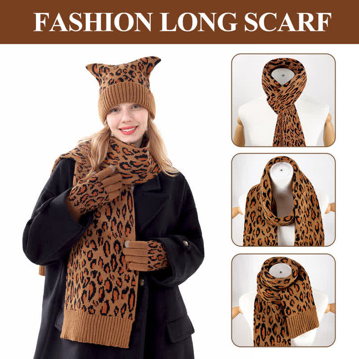 Conjunto de 3 guantes y bufanda con orejas de gato y estampado de leopardo - image 4