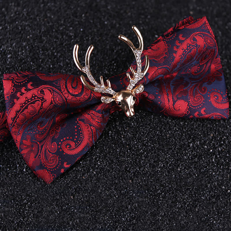 Pajarita con decoración de cabeza de alce navideña de cachemira para hombre - Rojo y dorado - image 9