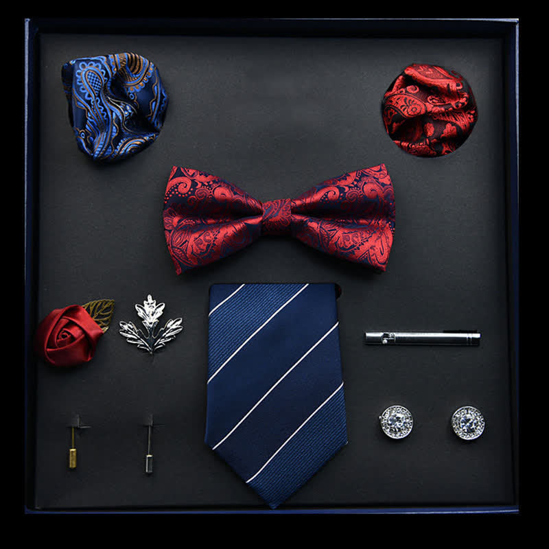 8 piezas de gemelos y pajaritas de negocios clásicos para hombre en rojo y azul, caja de regalo
