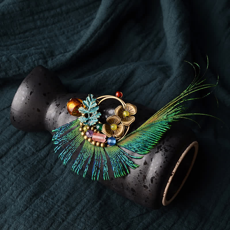Broche de plumas de pavo real con diseño de flor de bronce retro para mujer