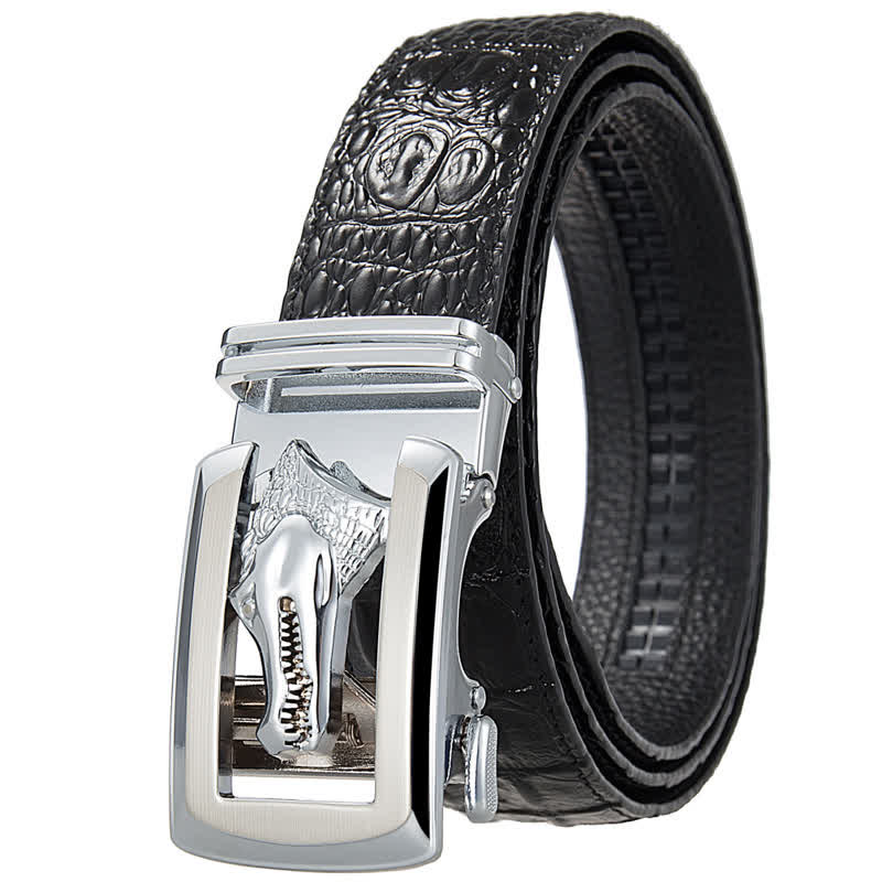 Cinturón de piel con estampado de cocodrilo y hebilla automática hueca para hombre