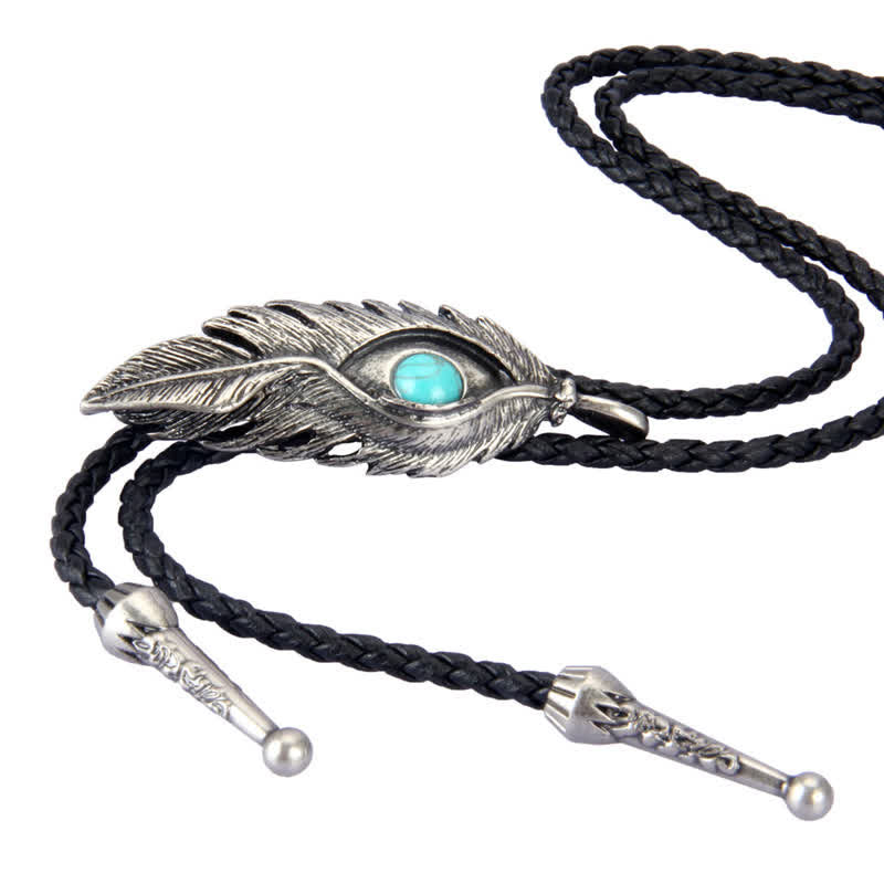 Corbata de bolo con forma de pluma e incrustaciones de piedra turquesa azul