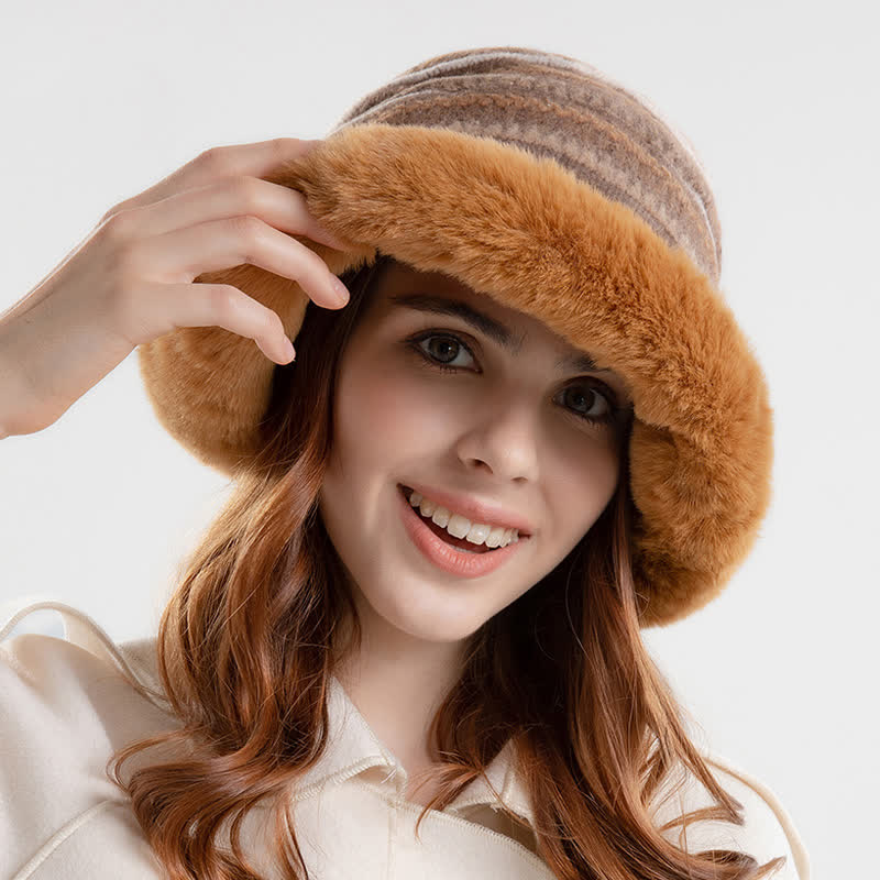 Sombrero de pescador con ala de felpa cálida y rayas para mujer