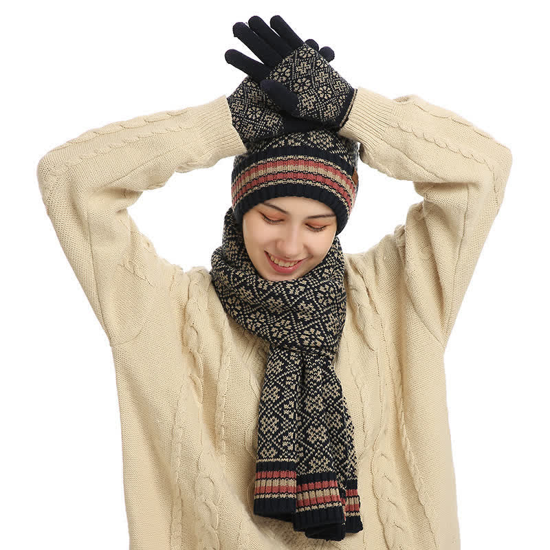 Juego de 3 guantes unisex con pantalla táctil, gorro y bufanda con copos de nieve