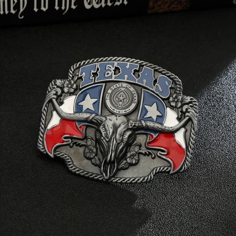 Cinturón de cuero con hebilla de toro Longhorn con bandera de Texas para hombre