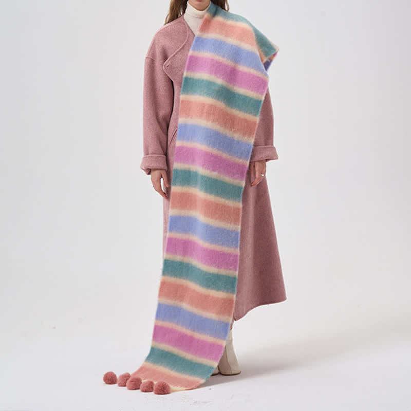 Bufanda de mujer con borlas y rayas de colores del arco iris