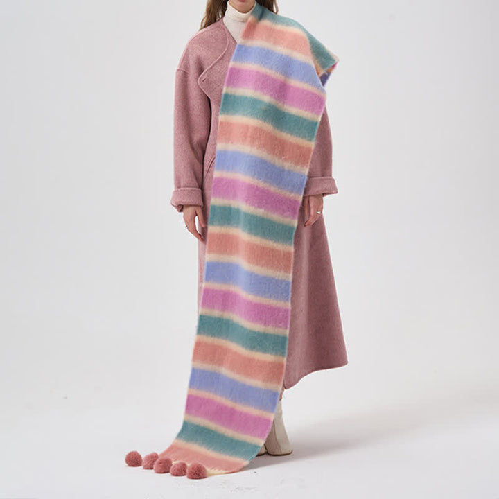 Bufanda de mujer con borlas y rayas de colores del arco iris