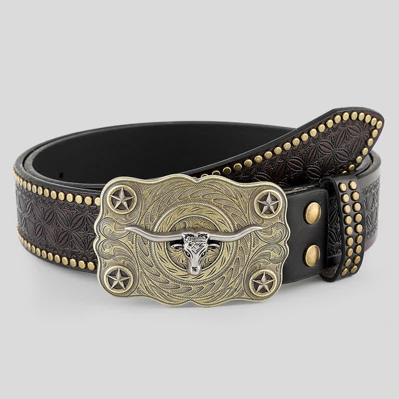 Cinturón de cuero con tachuelas decorativas de cabeza de toro de cuernos largos para hombre