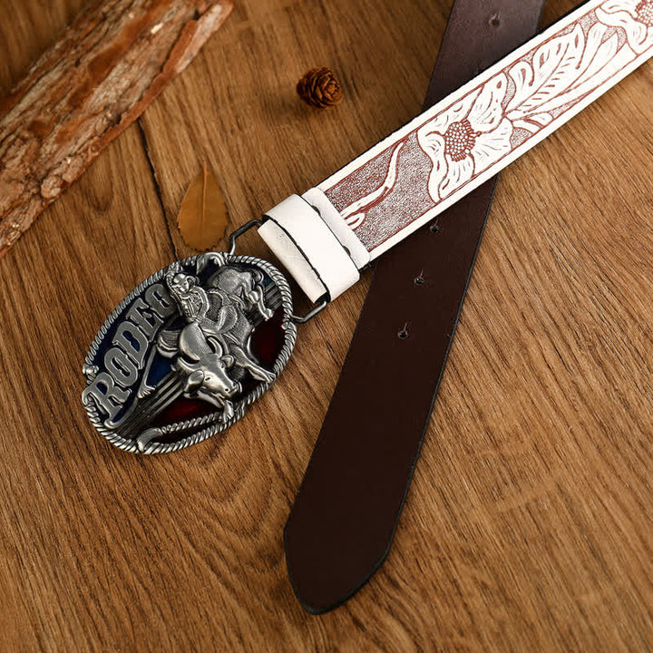 Cinturón de cuero blanco con relieve de toreo para hombre