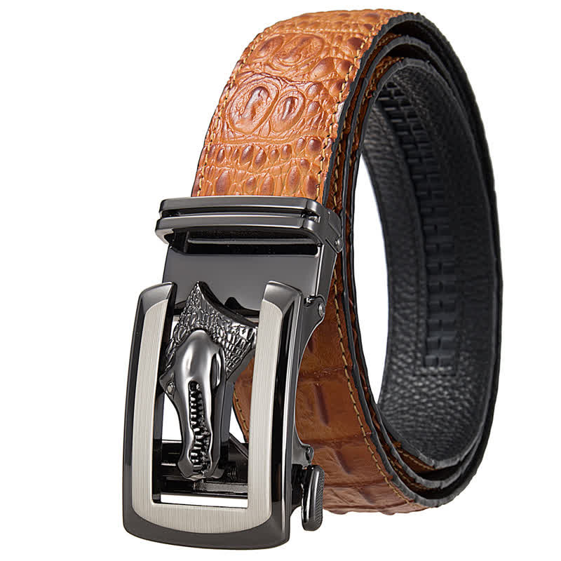 Cinturón de piel con estampado de cocodrilo y hebilla automática hueca para hombre