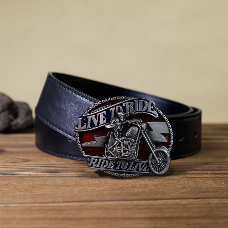Cinturón de cuero con hebilla Live to Ride de calavera para hombre, hecho a mano