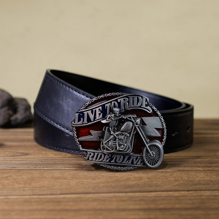 Cinturón de cuero con hebilla Live to Ride de calavera para hombre, hecho a mano