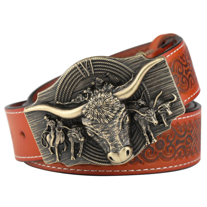 Cinturón de cuero con relieve de toro Longhorn para hombre