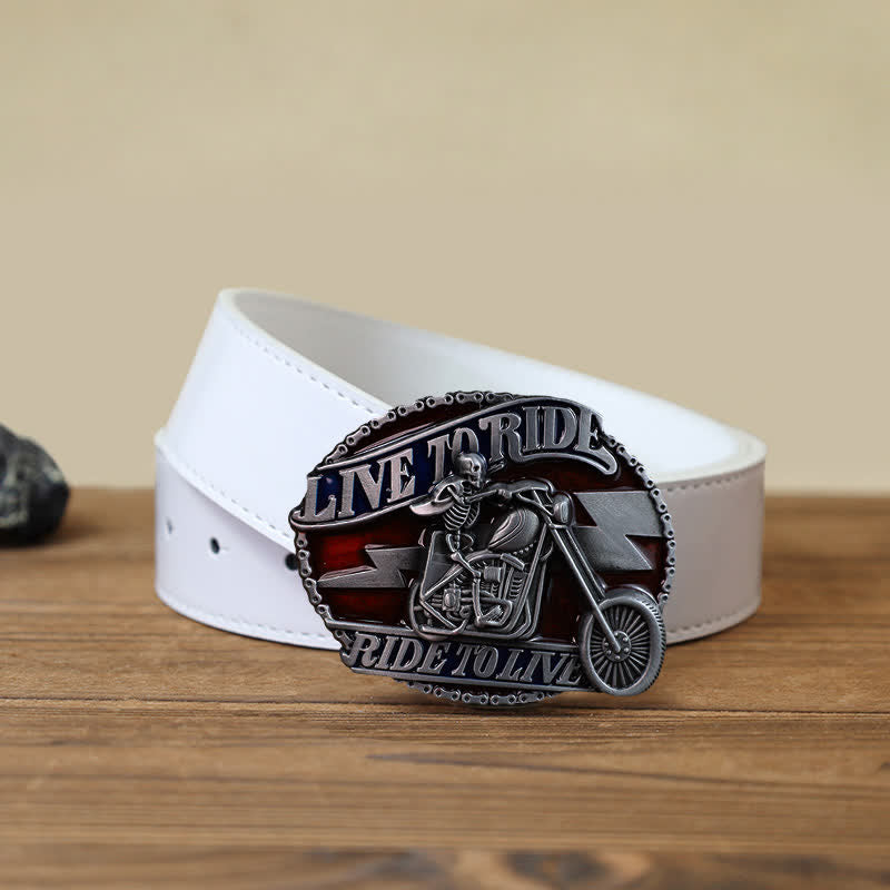 Cinturón de cuero con hebilla Live to Ride de calavera para hombre, hecho a mano