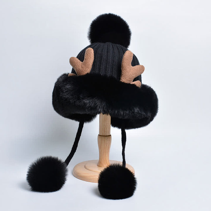 Gorro de punto con pompón de cuerno de ciervo para mujer