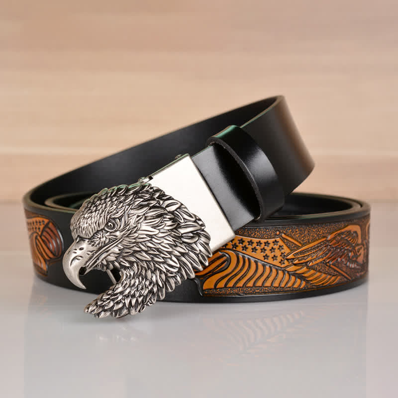 Cinturón de cuero con hebilla automática y cabeza de águila intrincada para hombre