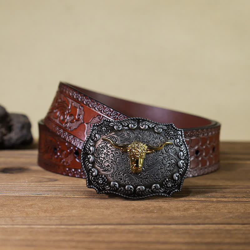 Cinturón de cuero con hebilla plateada envejecida con diseño de toro Longhorn para hombre