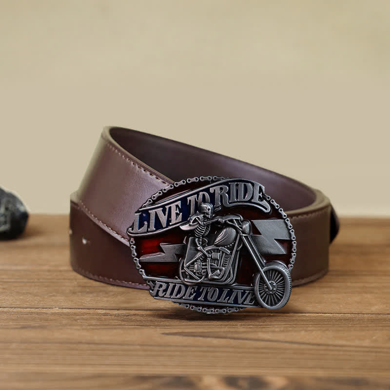 Cinturón de cuero con hebilla Live to Ride de calavera para hombre, hecho a mano