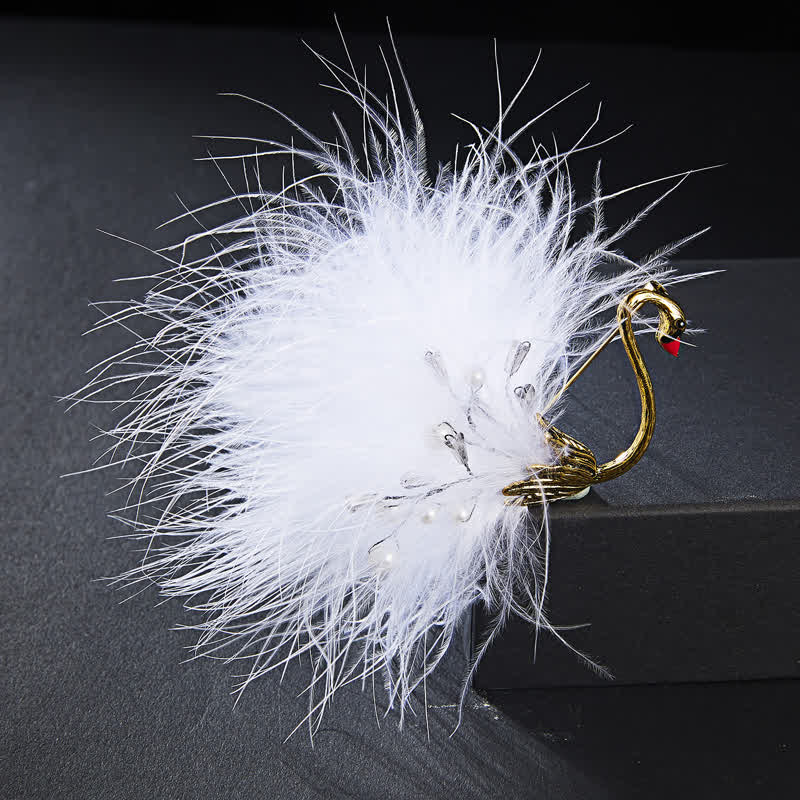 Broche de plumas de cisne de peluche blanco y negro para mujer