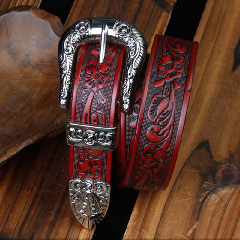 Cinturón unisex vintage de piel con estampado de rosas pequeñas