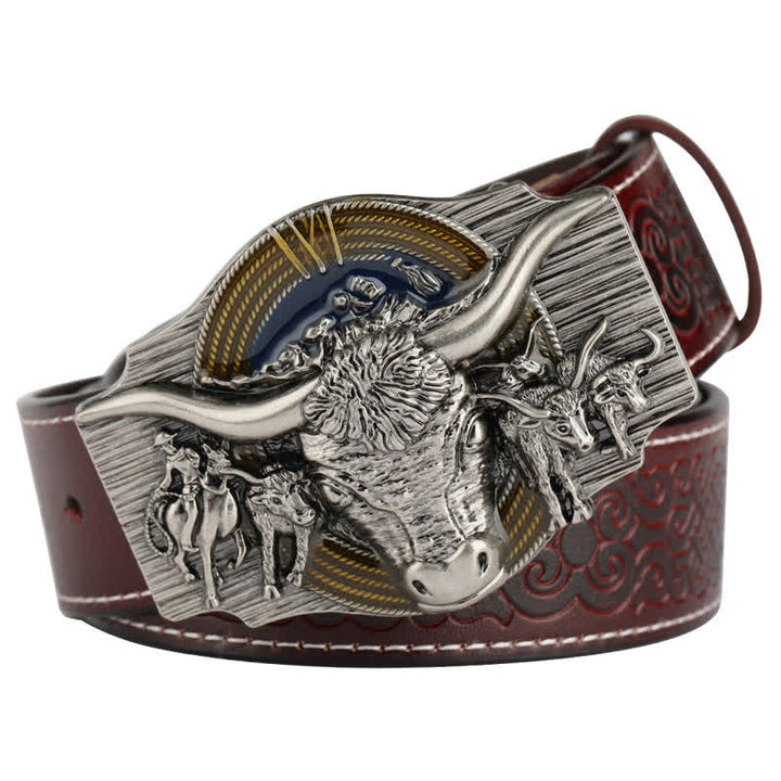 Cinturón de cuero con relieve de toro Longhorn para hombre
