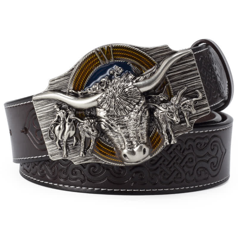 Cinturón de cuero con relieve de toro Longhorn para hombre