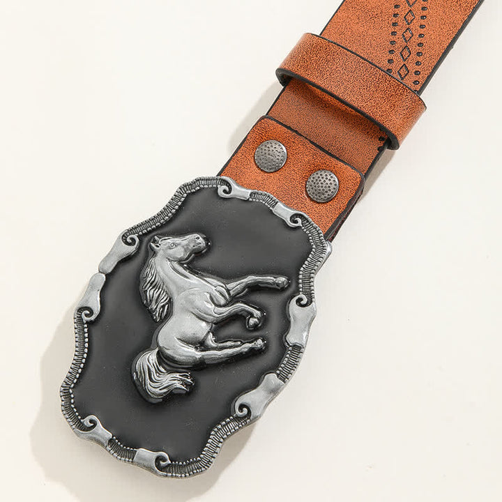 Cinturón de cuero con hebilla clásica de caballo corriendo en plata para hombre