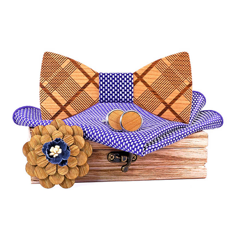 Juego de 4 pajaritas de madera talladas a cuadros para hombre.