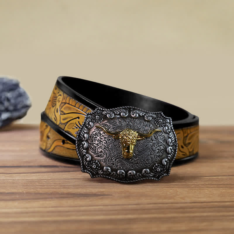 Cinturón de cuero con hebilla plateada envejecida con diseño de toro Longhorn para hombre