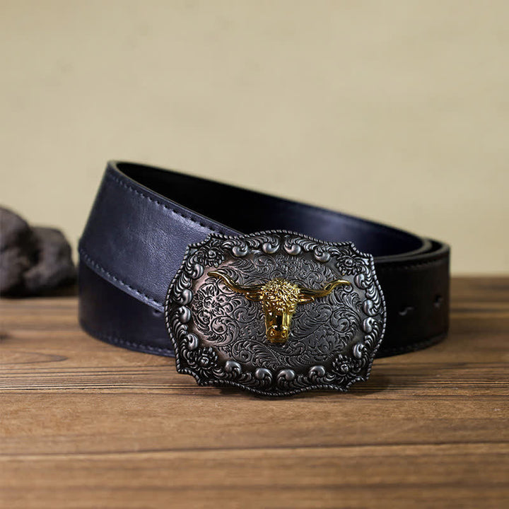 Cinturón de cuero con hebilla plateada envejecida con diseño de toro Longhorn para hombre