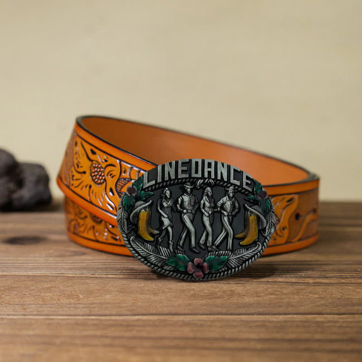 Cinturón de cuero con hebilla de baile en línea estilo western para hombre hecho a mano