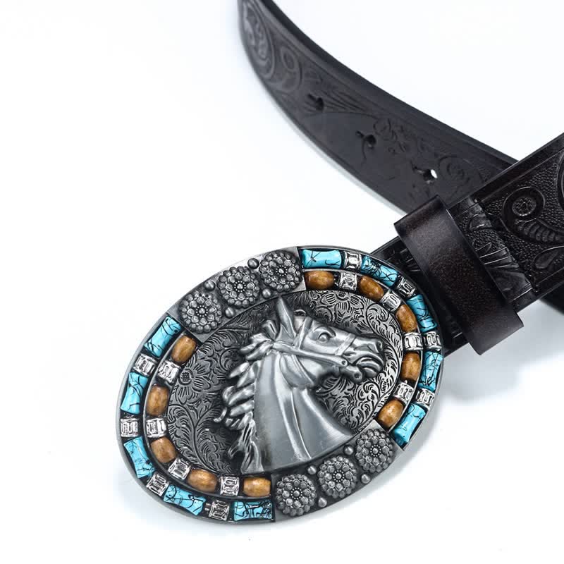 Cinturón de cuero turquesa con cabeza de caballo estilo vaquero para hombre