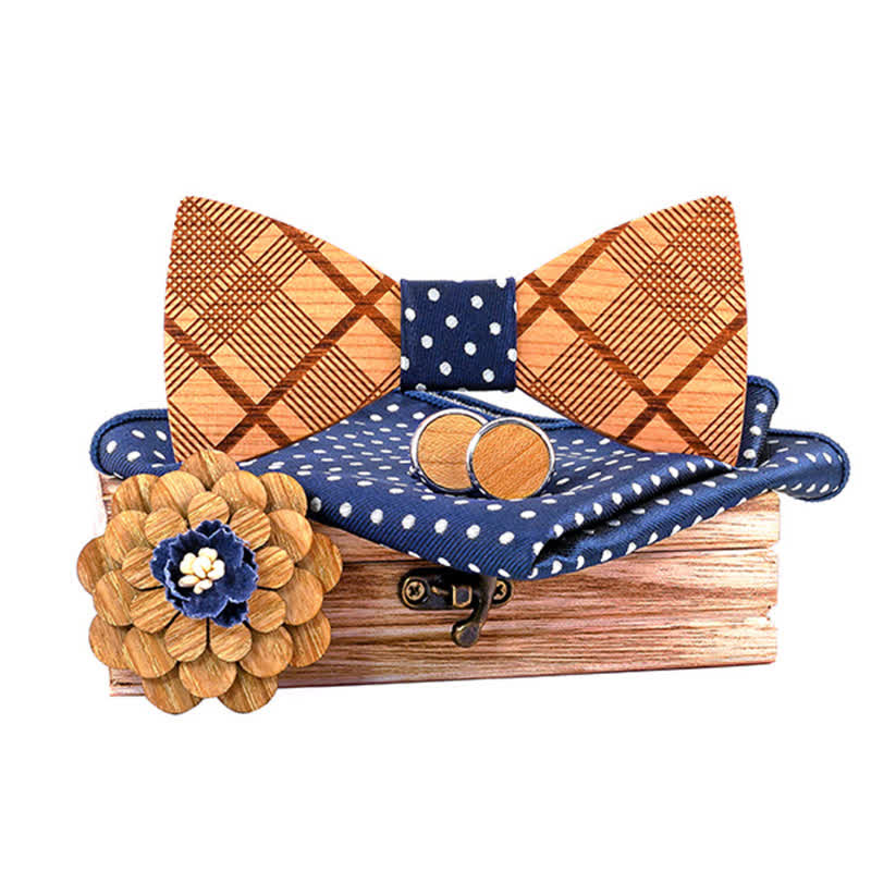 Juego de 4 pajaritas de madera talladas a cuadros para hombre.