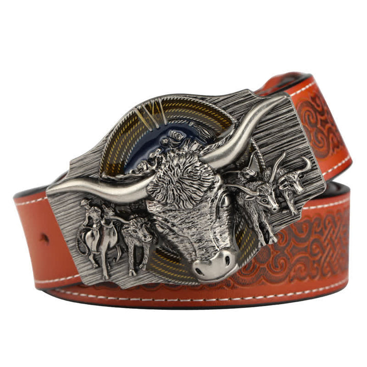 Cinturón de cuero con relieve de toro Longhorn para hombre