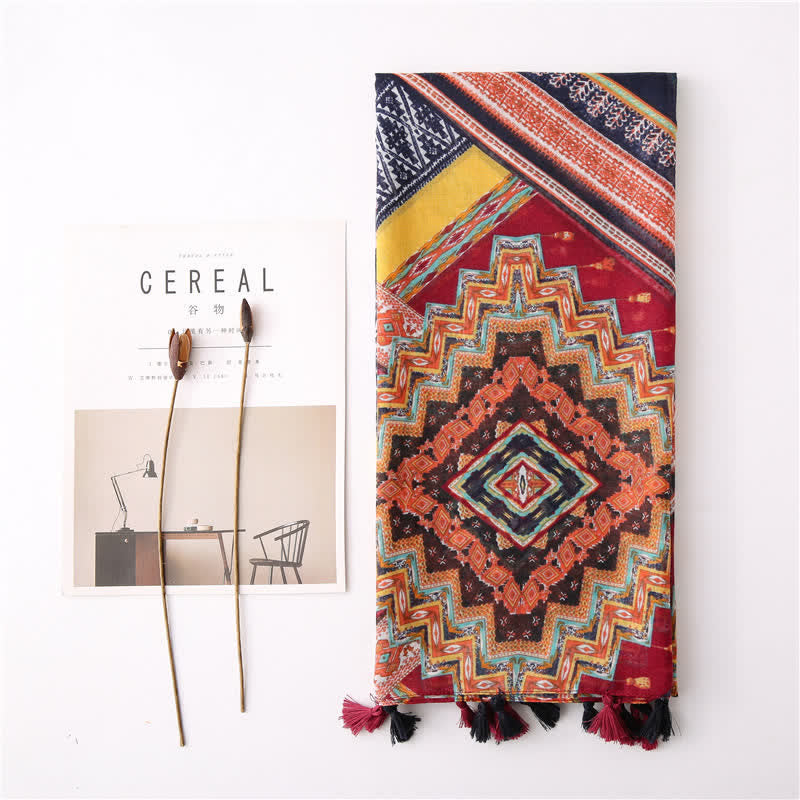 Bufanda con borlas y estampado floral bohemio para mujer