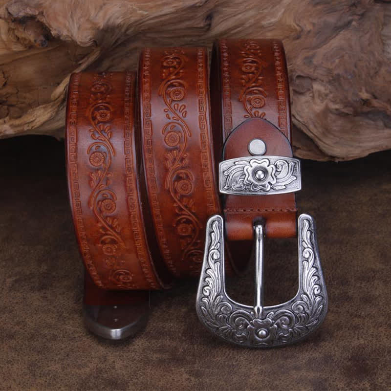 Cinturón unisex de piel con estampado de flores y textura rústica