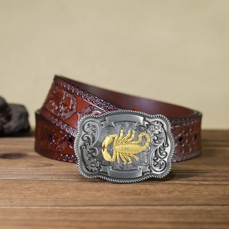 Cinturón de cuero con hebilla de animal tallado en oro para hombre hecho a mano