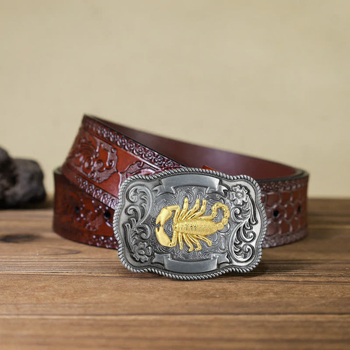 Cinturón de cuero con hebilla de animal tallado en oro para hombre hecho a mano