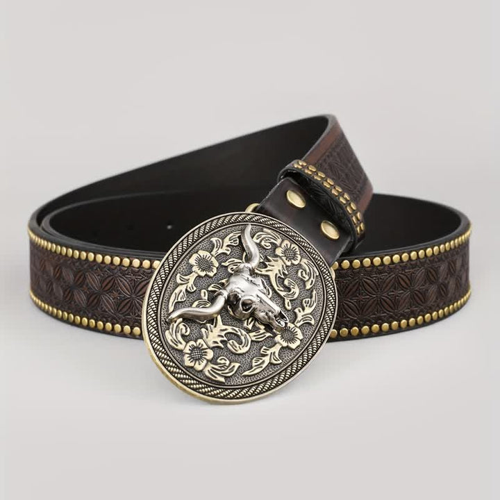 Cinturón de cuero con relieve de cabeza de toro en color marrón oscuro para hombre