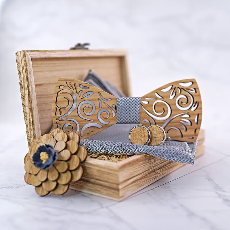 Juego de 4 pajaritas de madera con diseño de hojas huecas para hombre.
